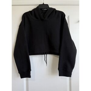 Ci Sono Knit Women's Black Cropped Pullover Hoodie with Drawstring Hem XL